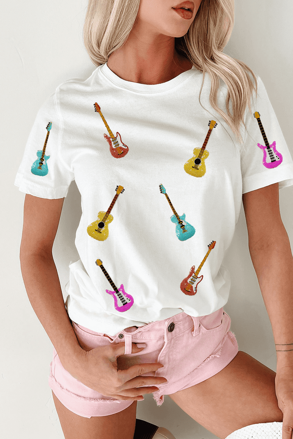 White Guitar Patched Graphic Crew Neck Tee