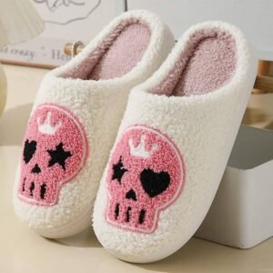 White Halloween Skull Printed Plush Winter Home Slippers