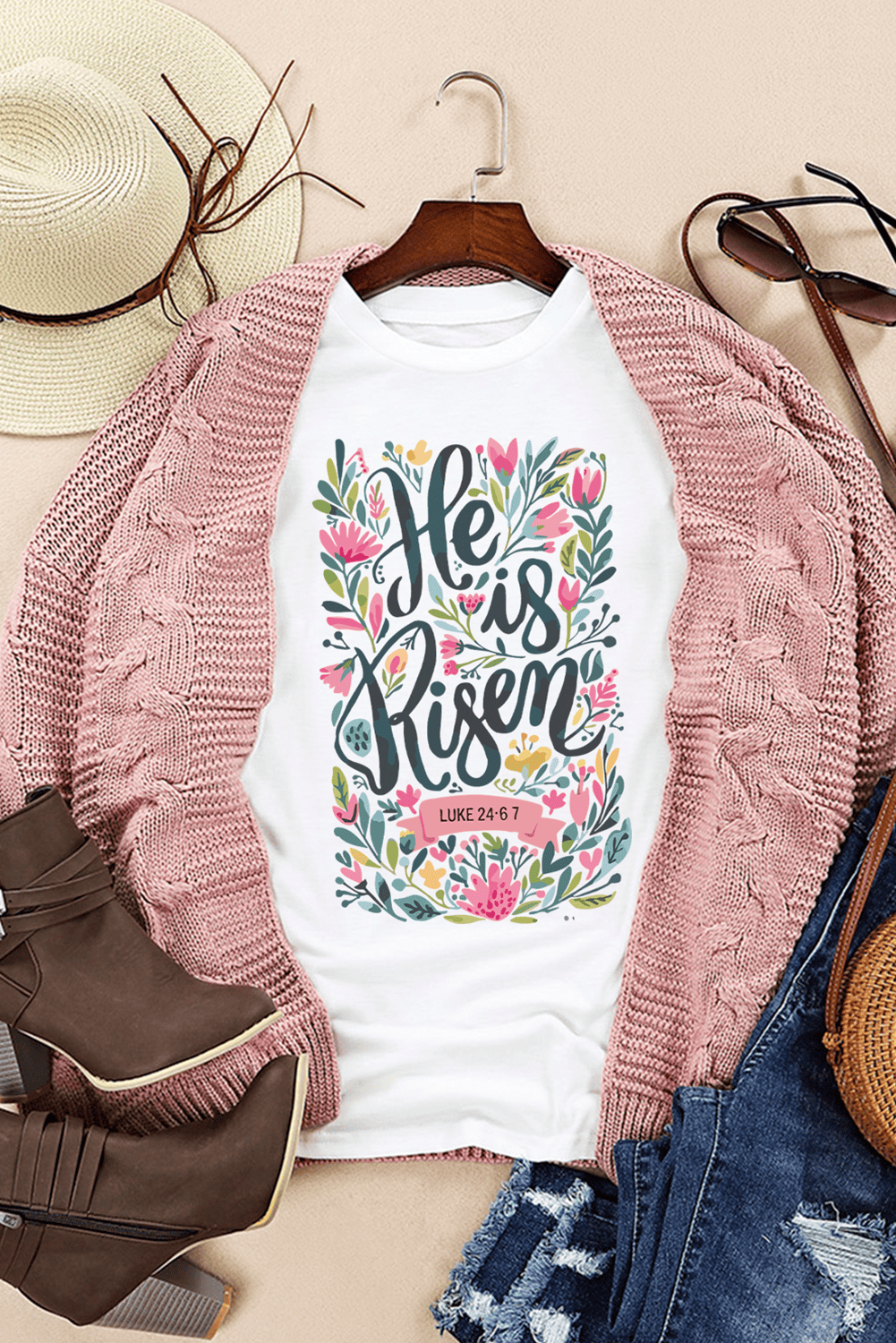 White He Is Risen Floral Printed T Shirt