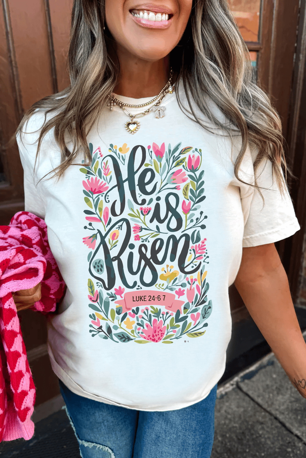 White He Is Risen Floral Printed T Shirt