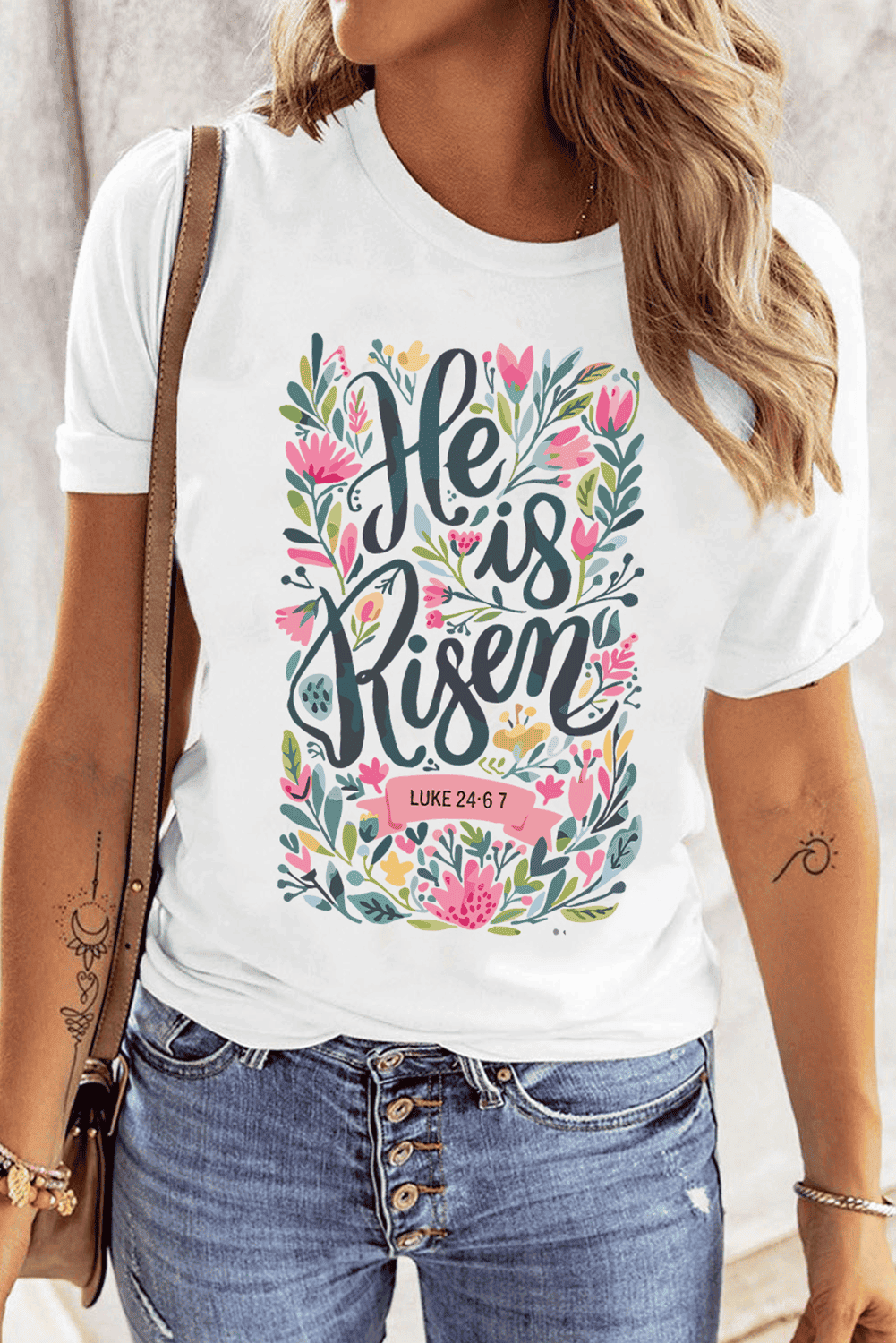White He Is Risen Floral Printed T Shirt