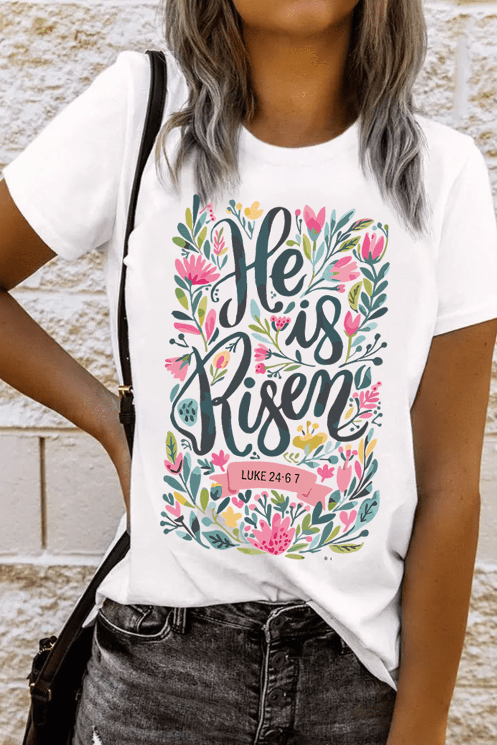 White He Is Risen Floral Printed T Shirt