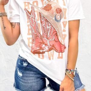 White Howdy Cowboy Boots Graphic Crew Neck T Shirt