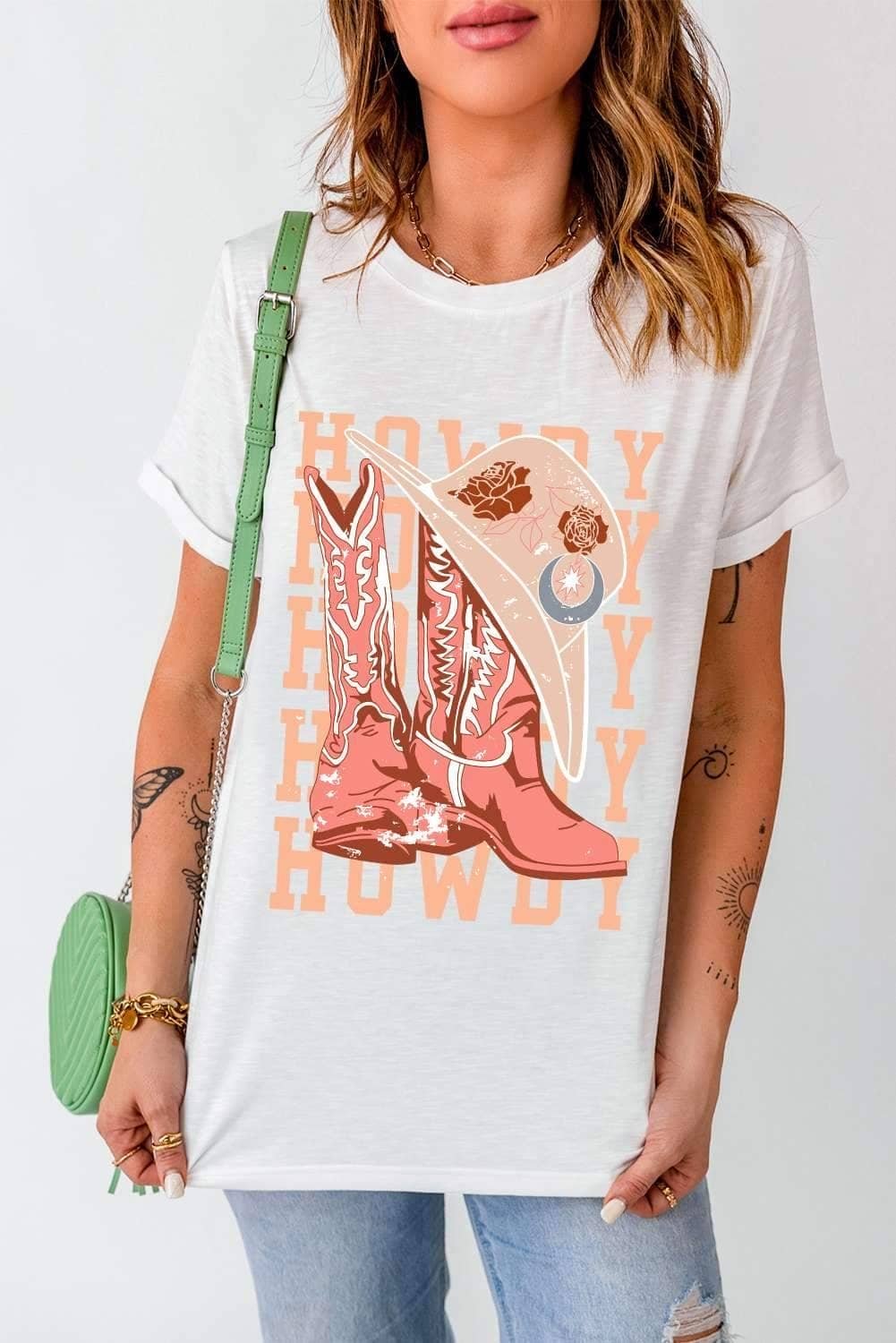 White Howdy Cowboy Boots Graphic Crew Neck T Shirt