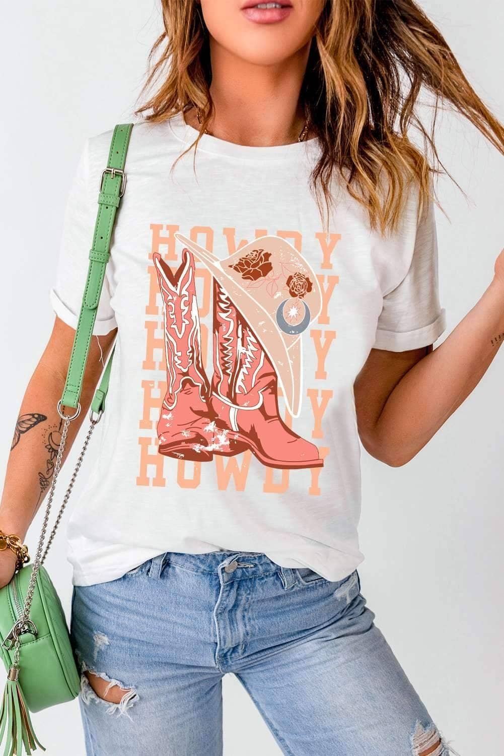 White Howdy Cowboy Boots Graphic Crew Neck T Shirt