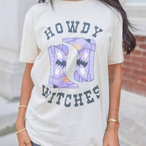 White Howdy Witches Halloween Boots Crewneck T Shirt