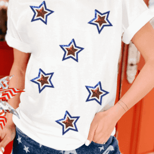 White Independence Day Sequin Star Patched T Shirt