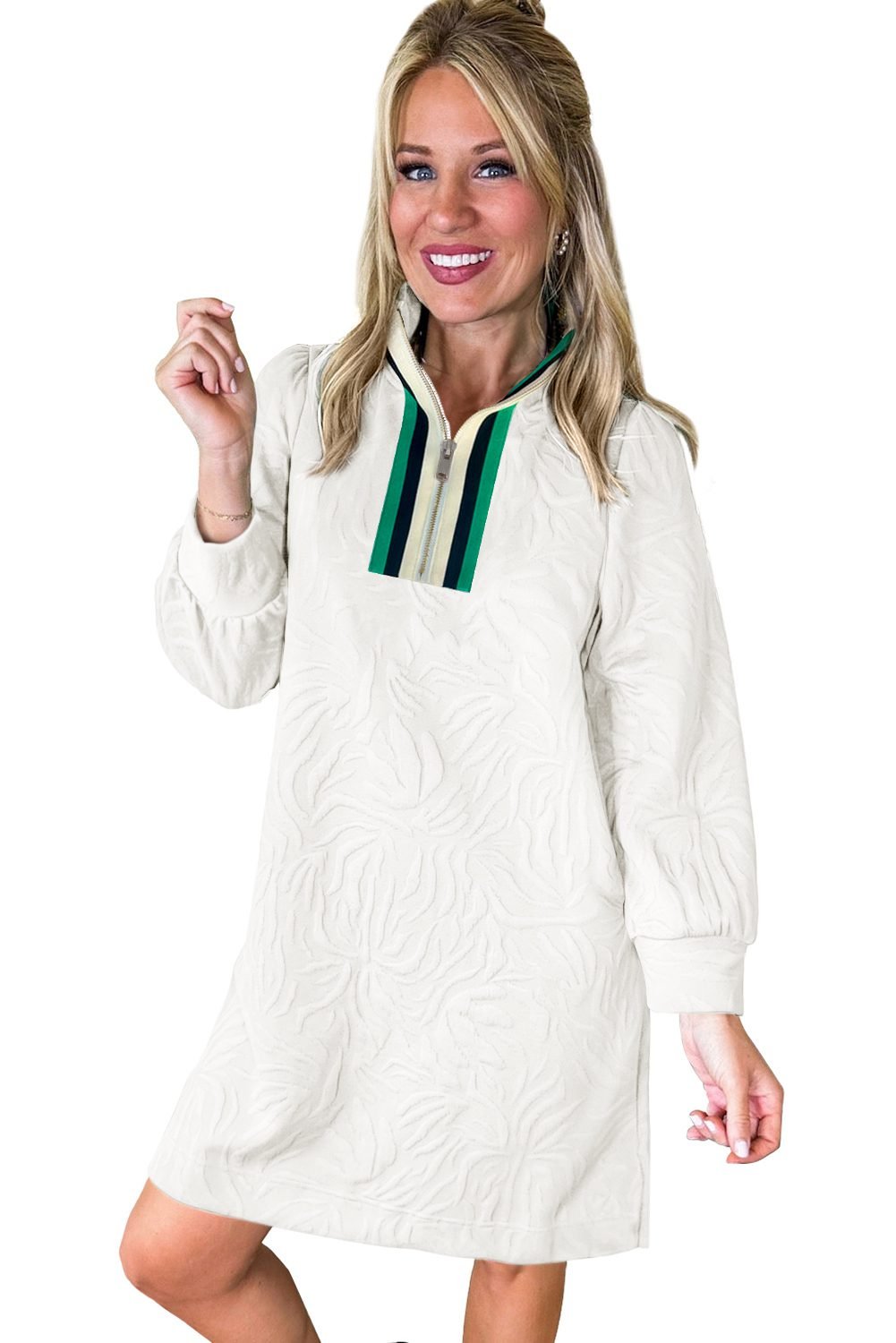 White Jacquard Textured Quarter Zipper Shift Mini Dress