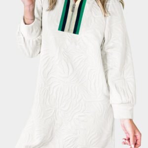 White Jacquard Textured Quarter Zipper Shift Mini Dress