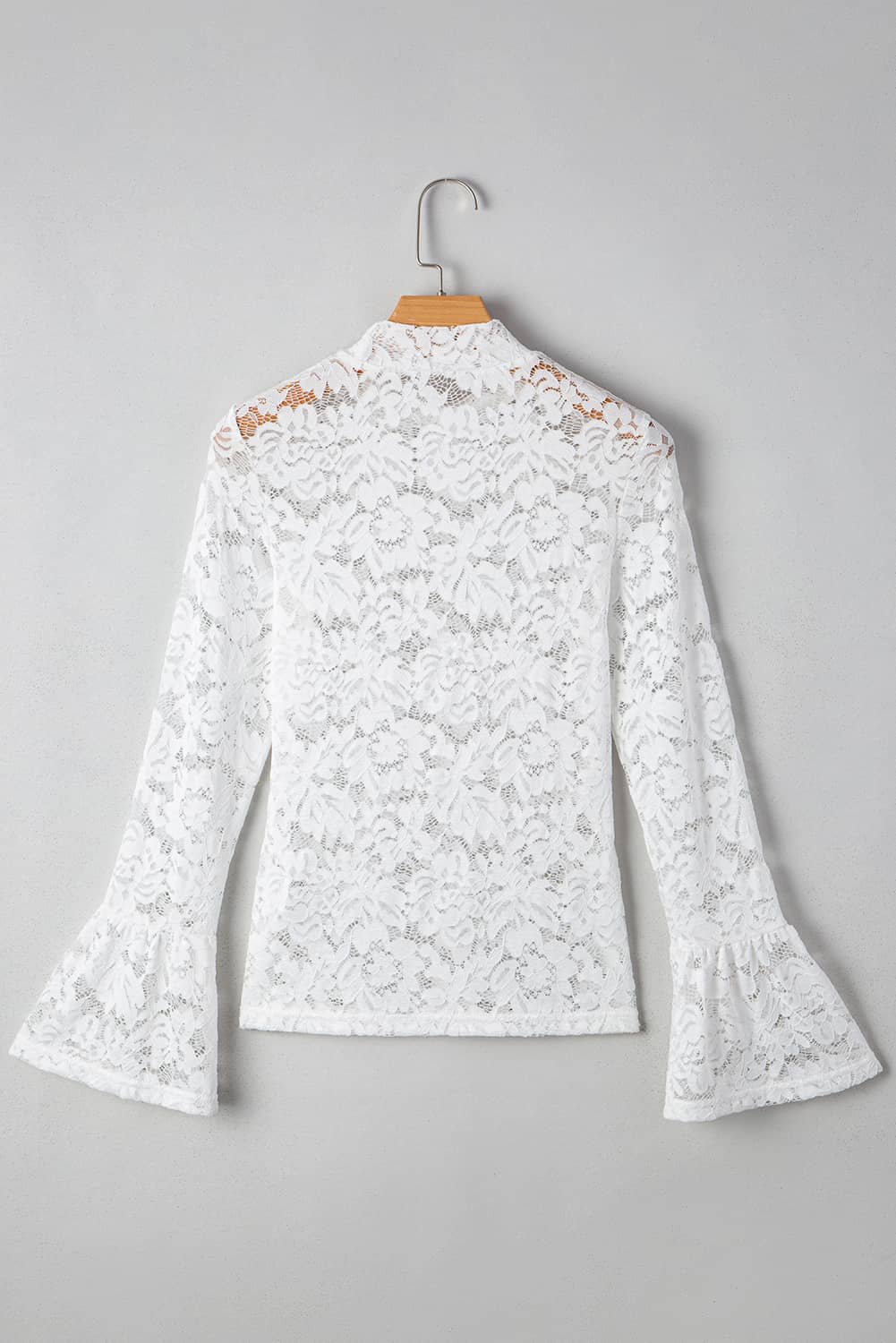 White Lace Crochet Bell Sleeve Mock Neck Blouse