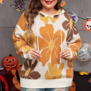 White Large Flower Knitted Drawstring Hooded Plus Size Sweater