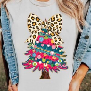 White Leopard Bow Dã©Cor Christmas Tree Graphic Crew Neck Tee