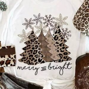 White Leopard Christmas Tree Graphic Print Crew Neck T Shirt