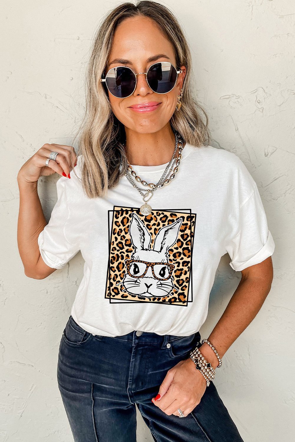 White Leopard Cute Bunny Graphic Crewneck Easter Tee