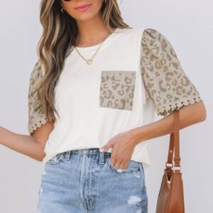 White Leopard Patchwork Crochet Lace Trim Puff Sleeve T Shirt