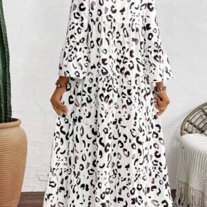 White Leopard Print Notch V Neck Loose Fit Maxi Dress