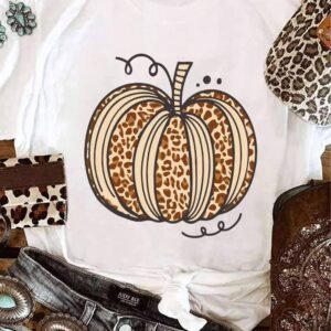 White Leopard Pumpkin Graphic Crewneck Halloween T Shirt