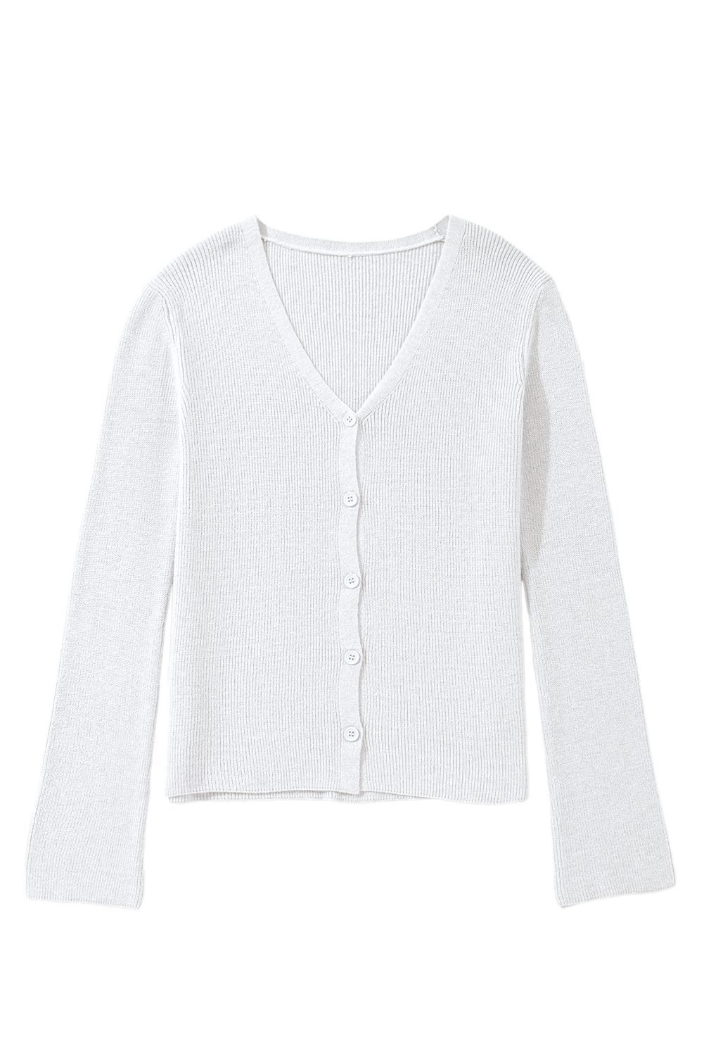 White Lightweight Ribbed Knit Button Front V Neck Cardigan