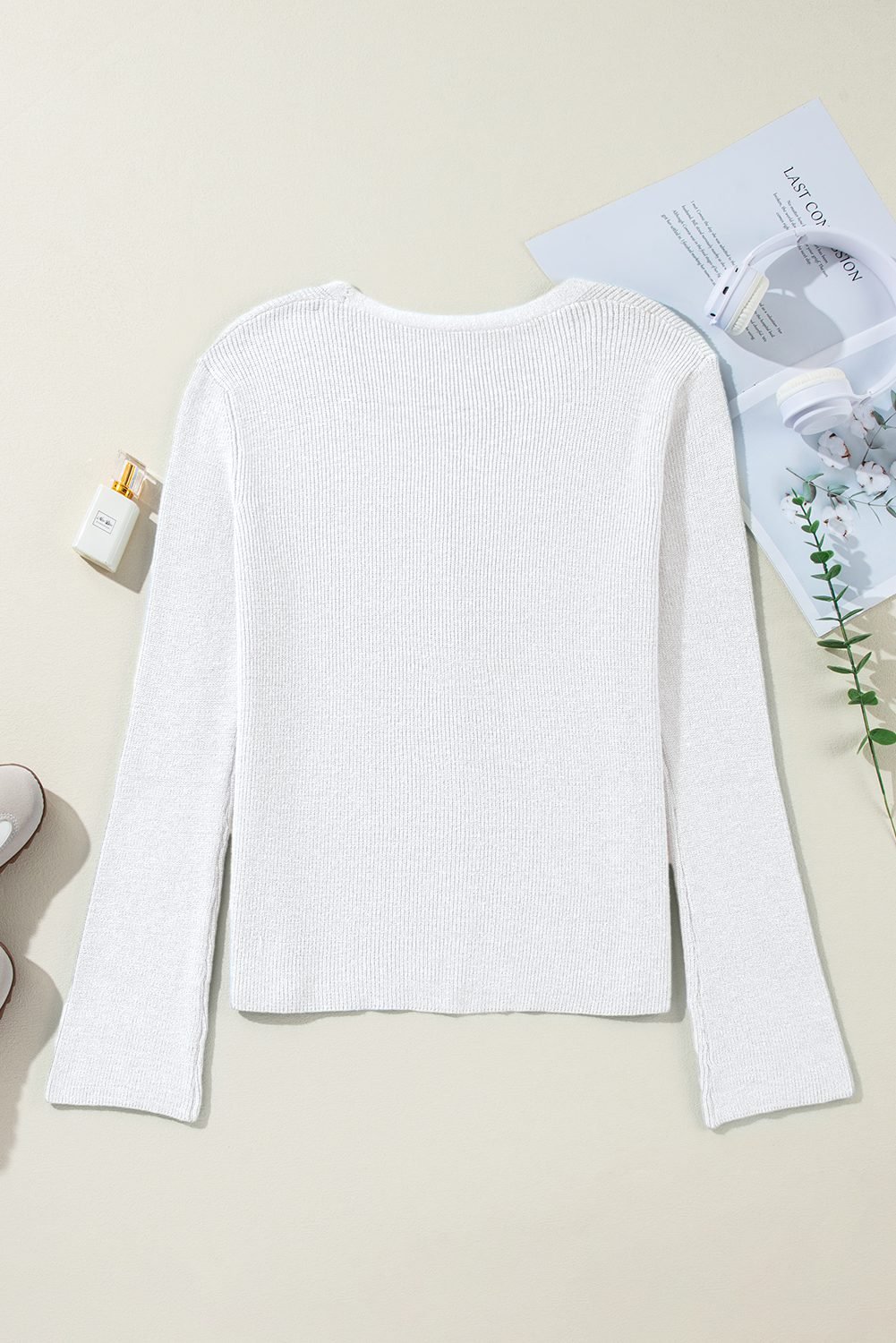 White Lightweight Ribbed Knit Button Front V Neck Cardigan