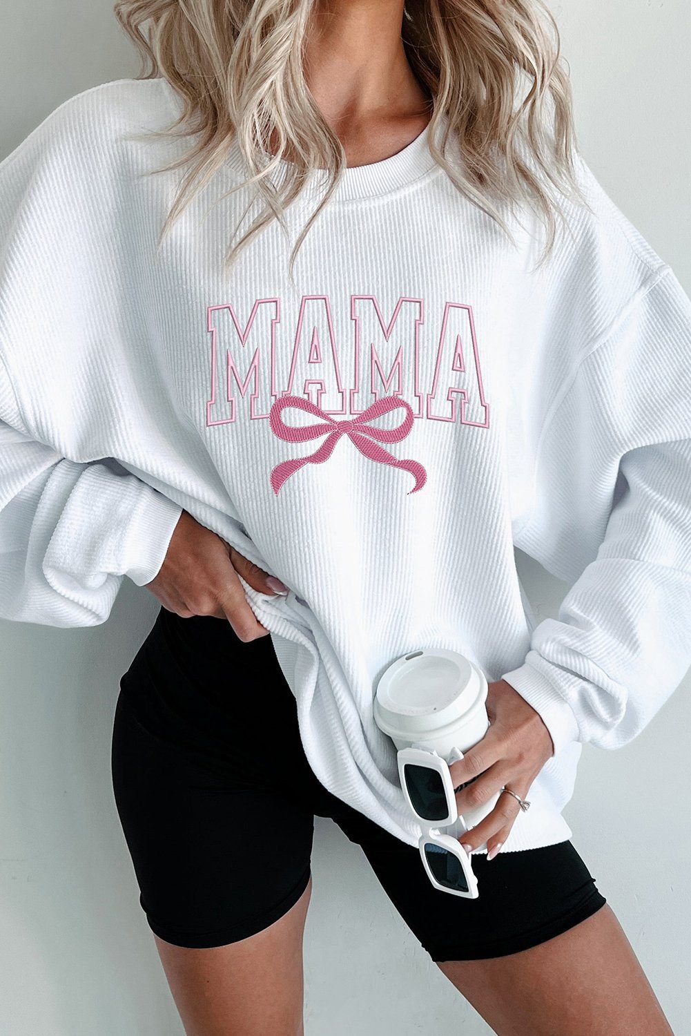 White Mama Bowknot Embroidered Ribbed Pullover Sweatshirt
