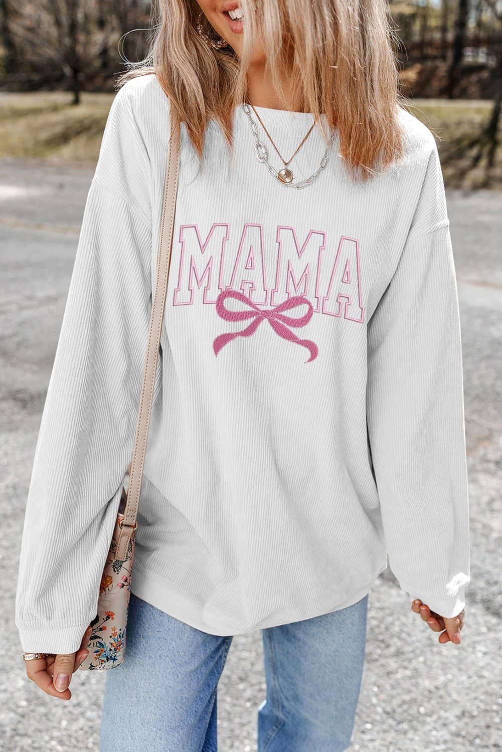 White Mama Bowknot Embroidered Ribbed Pullover Sweatshirt