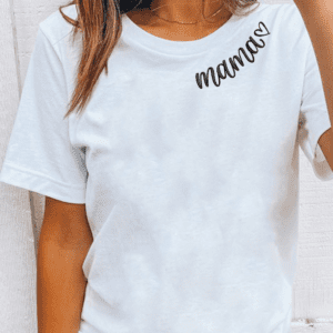 White Mama Heart Embroidered Crew Neck T Shirt