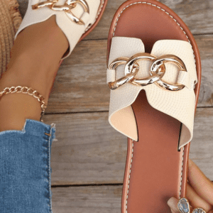 White Metal Decor Cutout Pu Leather Flat Slippers