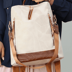 White Multi Compartment Zipper Pu Leather Large Capacity Backpack