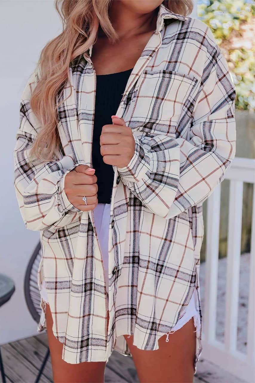 White Oversized Plaid Pattern Shacket With Slits