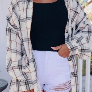 White Oversized Plaid Pattern Shacket With Slits