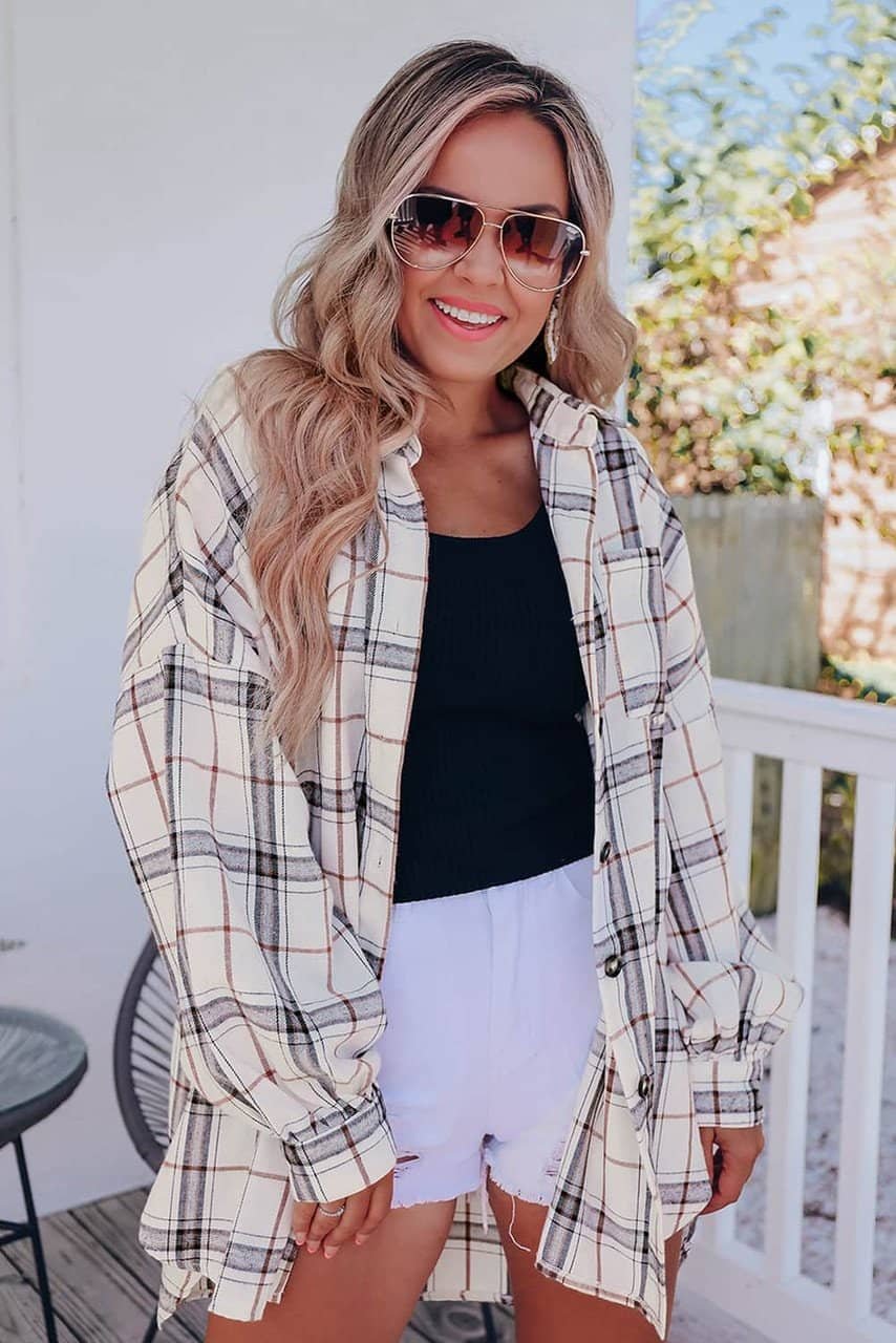 White Oversized Plaid Pattern Shacket With Slits