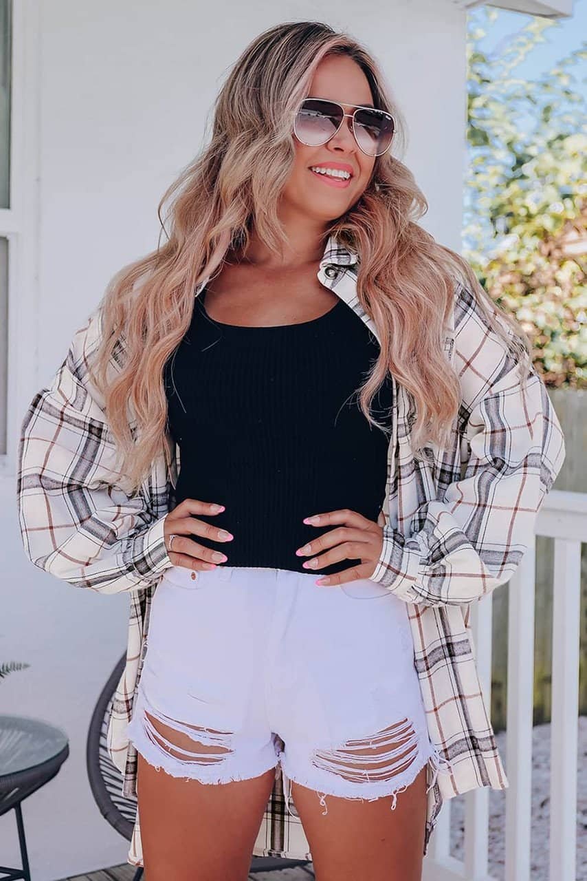White Oversized Plaid Pattern Shacket With Slits