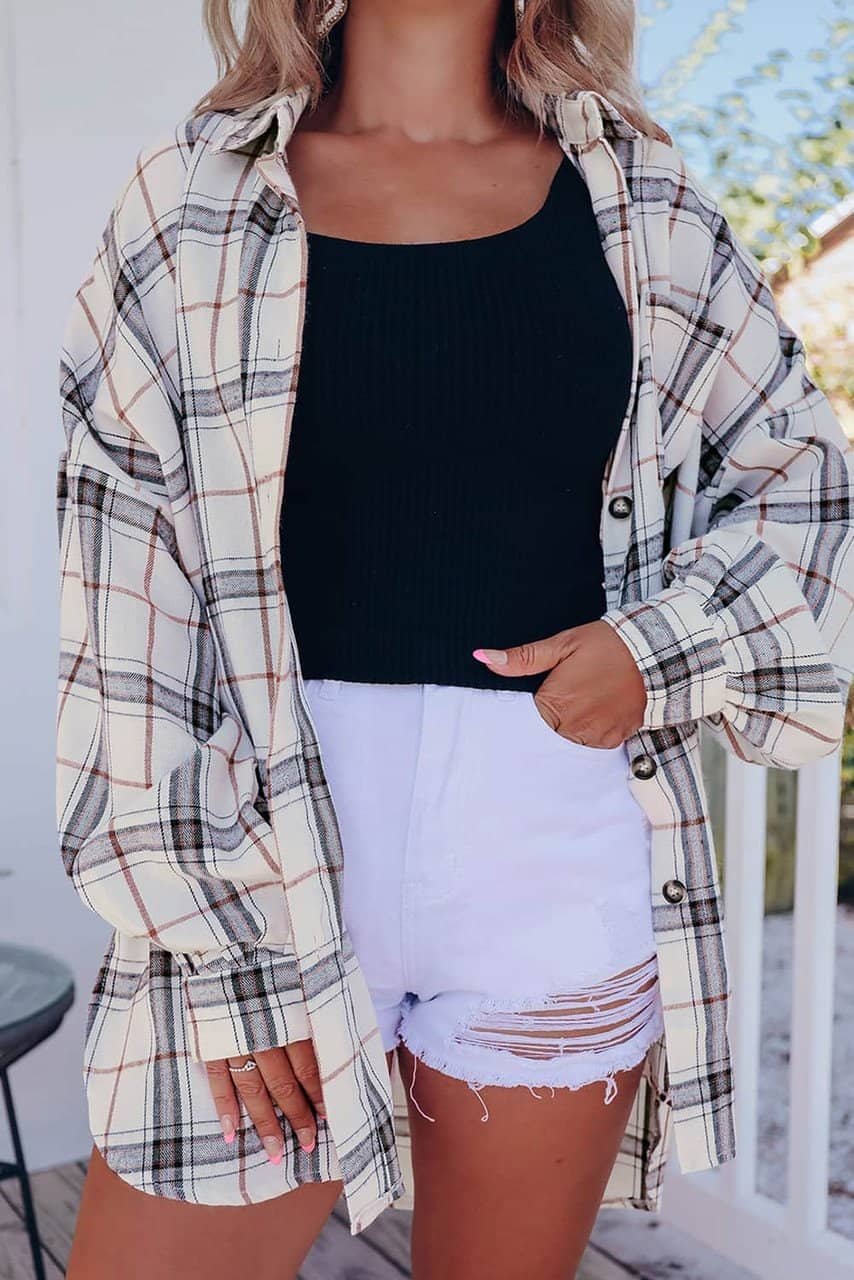 White Oversized Plaid Pattern Shacket With Slits