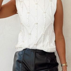 White Pearled High Neck Textured Knit Sweater Vest