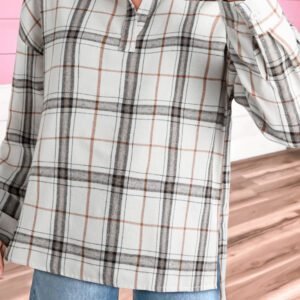 White Plaid Print Collared V Neck Loose Blouse With Side Slits