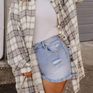 White Plaid Print Tunic Plus Size Shacket With Slits