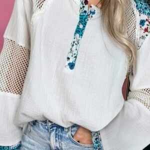 White Plant Mesh Patched Color Block Half Button Blouse
