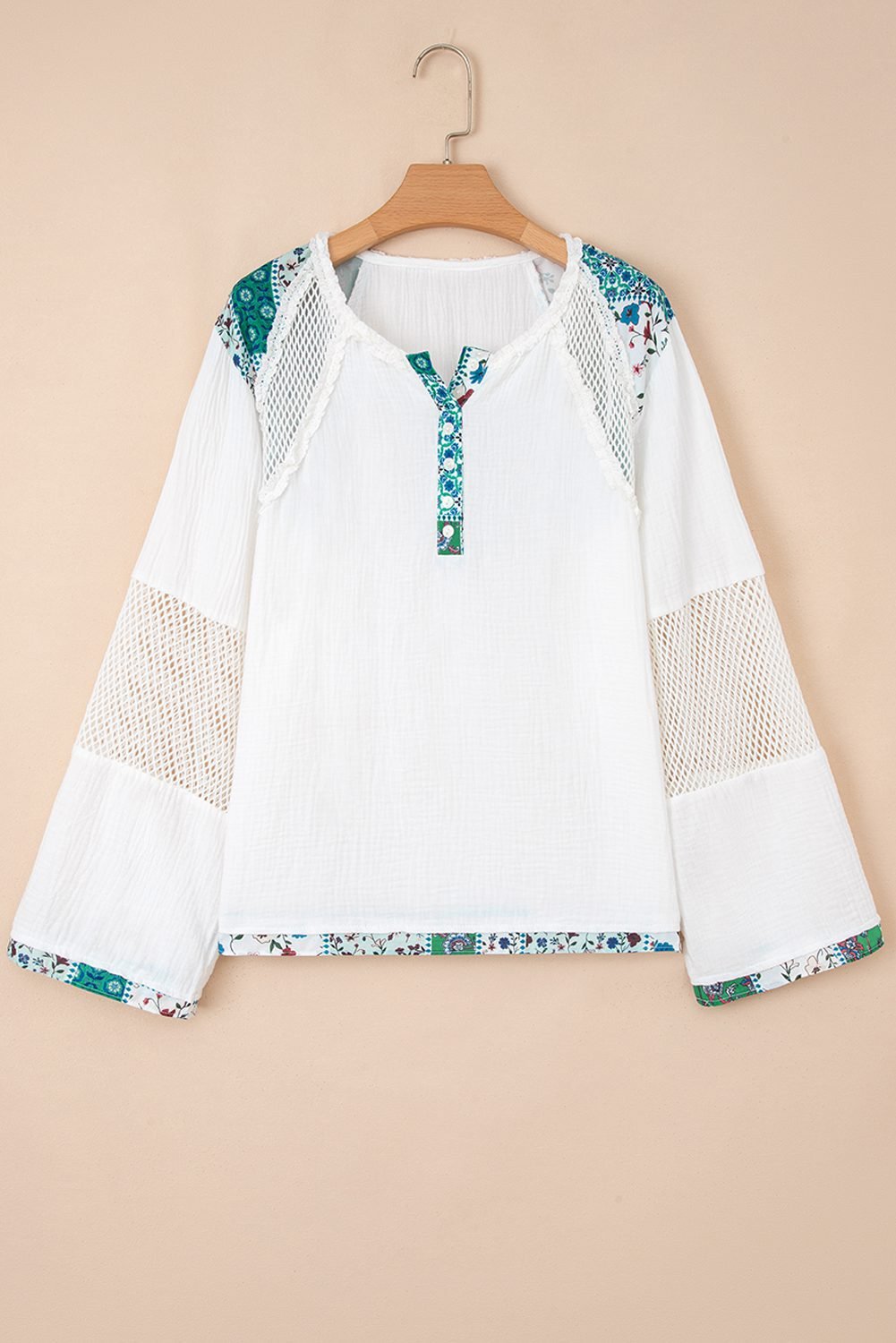White Plant Mesh Patched Color Block Half Button Blouse