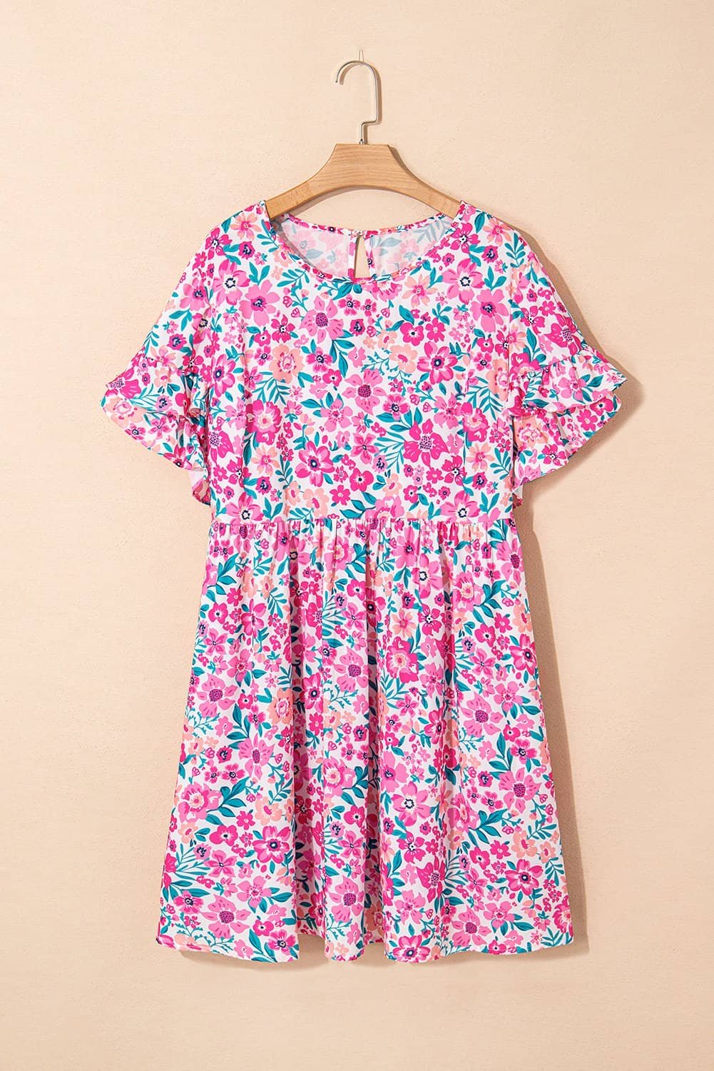 White Plus Size Floral Print Frilled Short Sleeve Flare Dress
