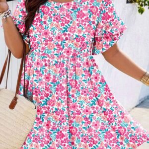 White Plus Size Floral Print Frilled Short Sleeve Flare Dress