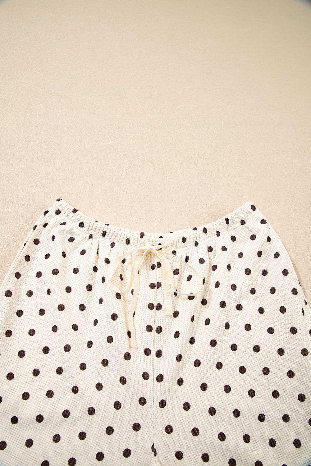 White Polka Dot Print Notched Neck Long Sleeve Top Drawstring Jogger Pants Waffle Knit Lounge Set