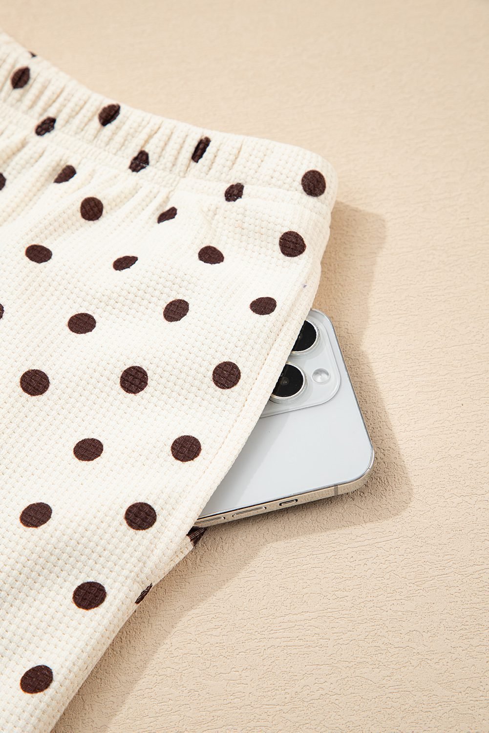 White Polka Dot Print Notched Neck Long Sleeve Top Drawstring Jogger Pants Waffle Knit Lounge Set