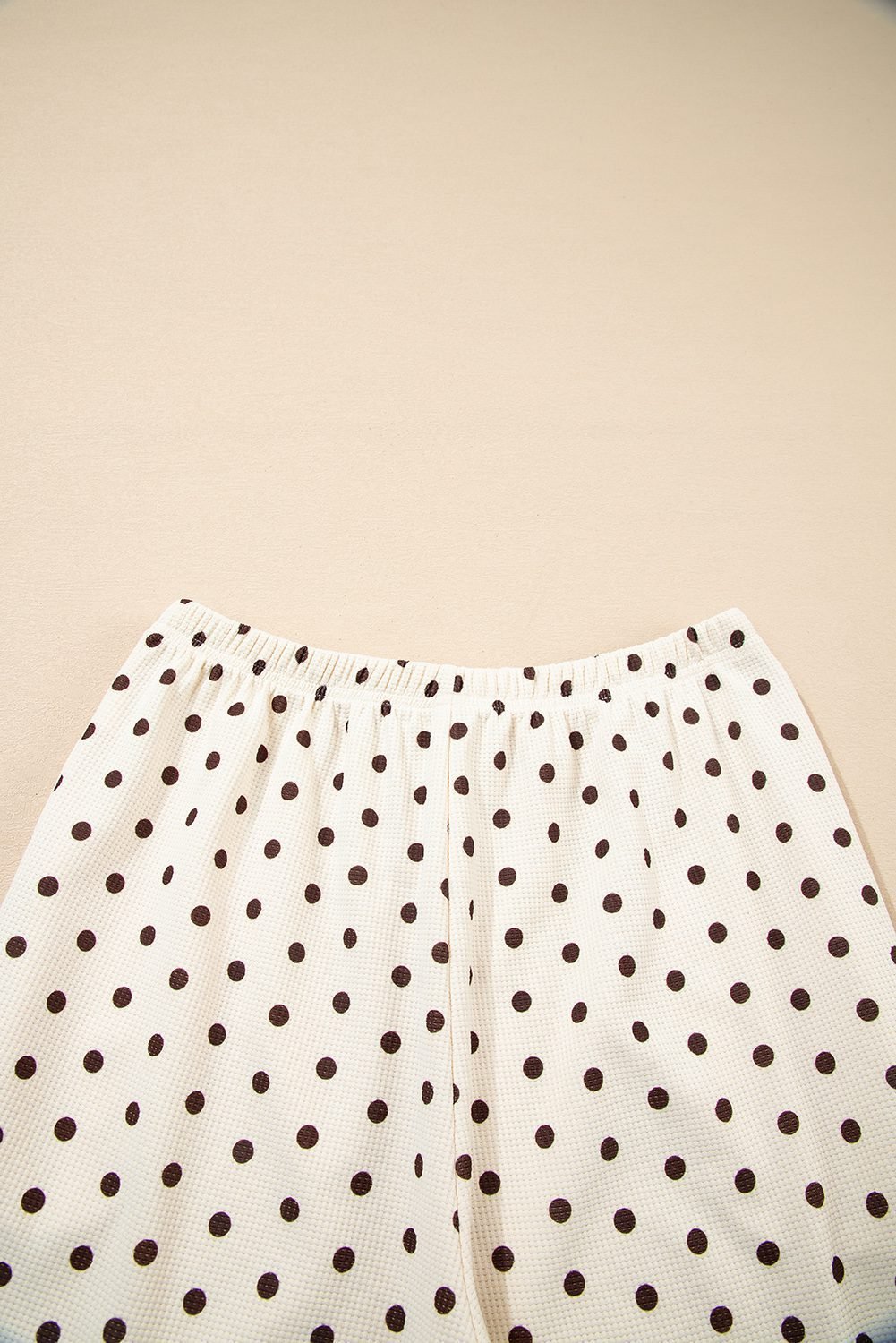 White Polka Dot Print Notched Neck Long Sleeve Top Drawstring Jogger Pants Waffle Knit Lounge Set