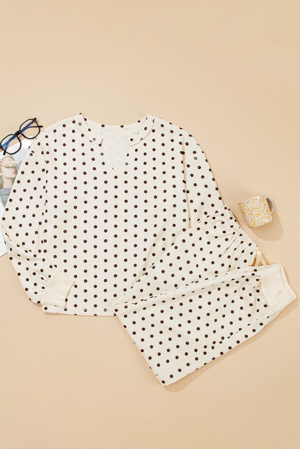White Polka Dot Print Notched Neck Long Sleeve Top Drawstring Jogger Pants Waffle Knit Lounge Set