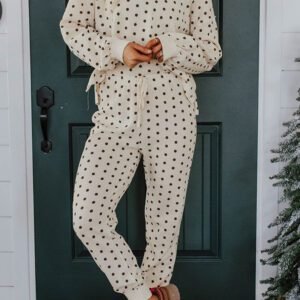 White Polka Dot Print Notched Neck Long Sleeve Top Drawstring Jogger Pants Waffle Knit Lounge Set