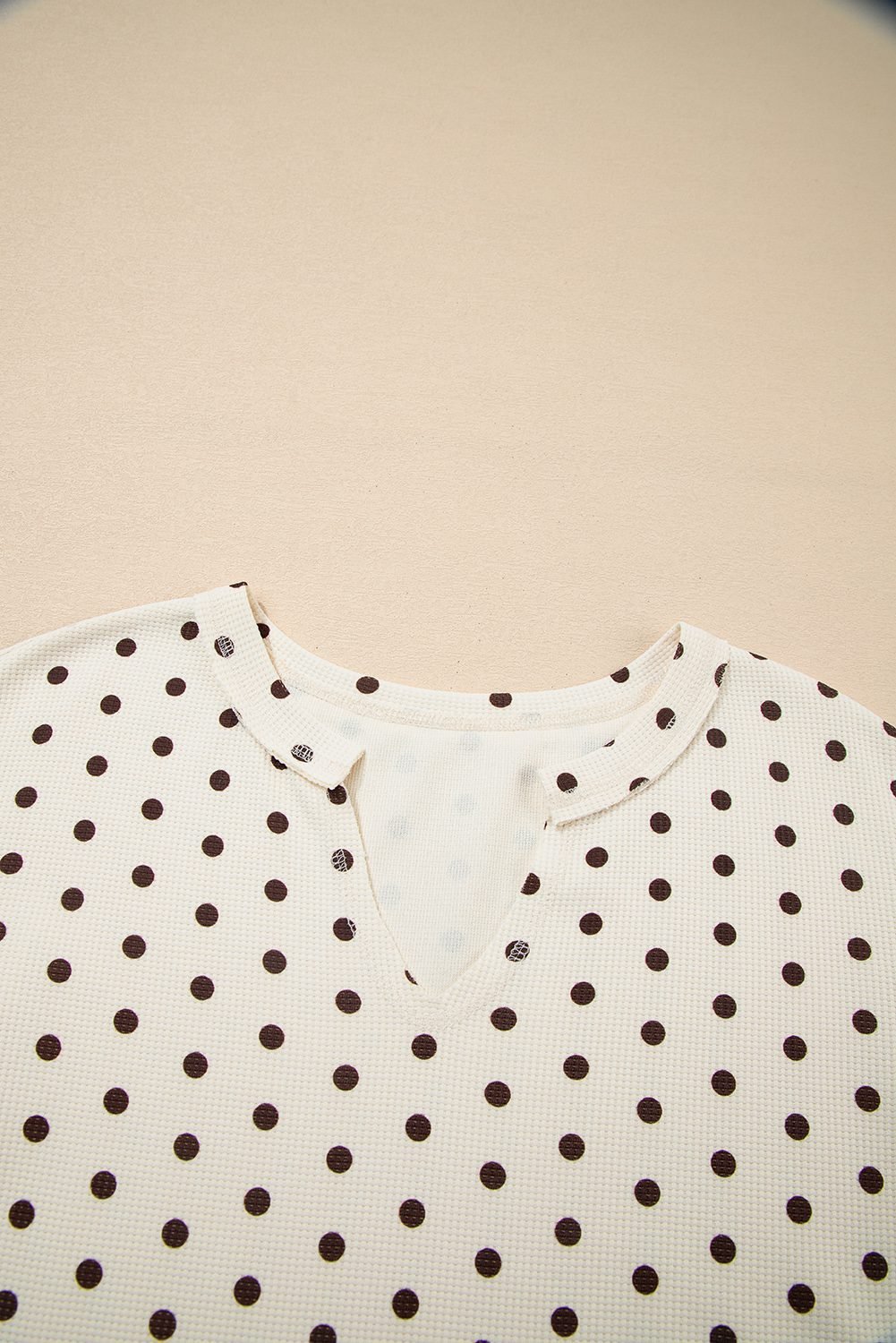 White Polka Dot Print Notched Neck Long Sleeve Top Drawstring Jogger Pants Waffle Knit Lounge Set
