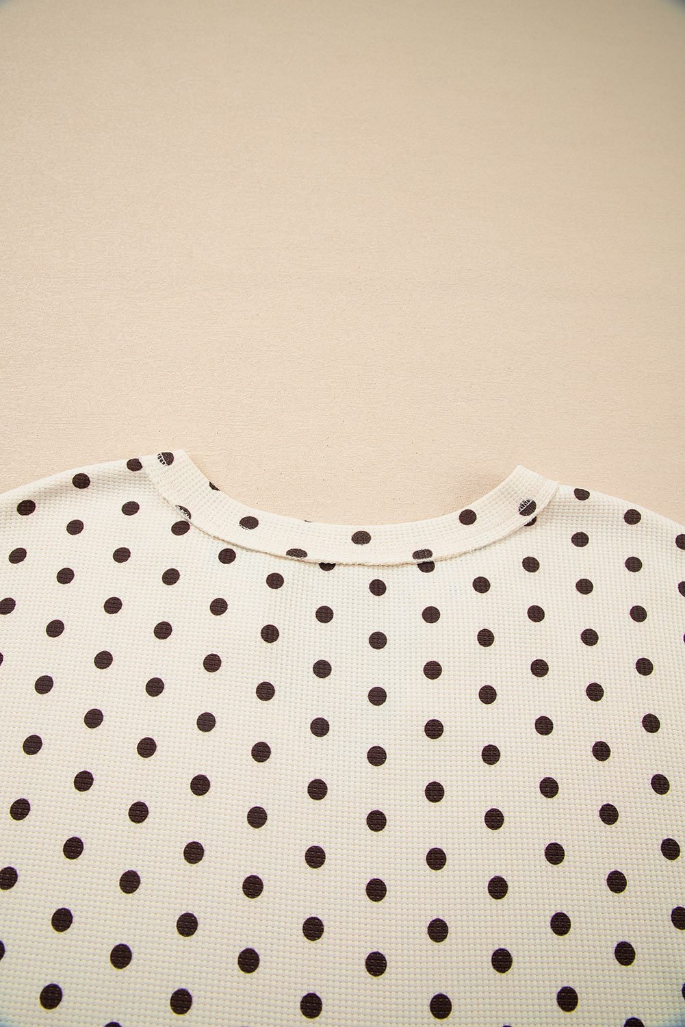 White Polka Dot Print Notched Neck Long Sleeve Top Drawstring Jogger Pants Waffle Knit Lounge Set