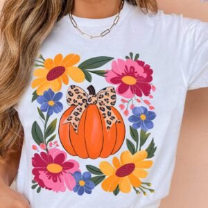 White Pumpkin Floral Graphic Thanksgiving Holiday T Shirt