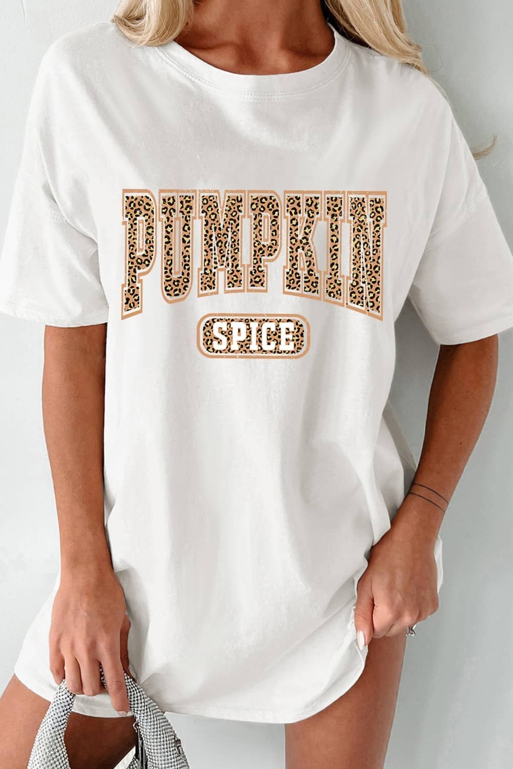 White Pumpkin Spice Leopard Graphic Tunic T Shirt