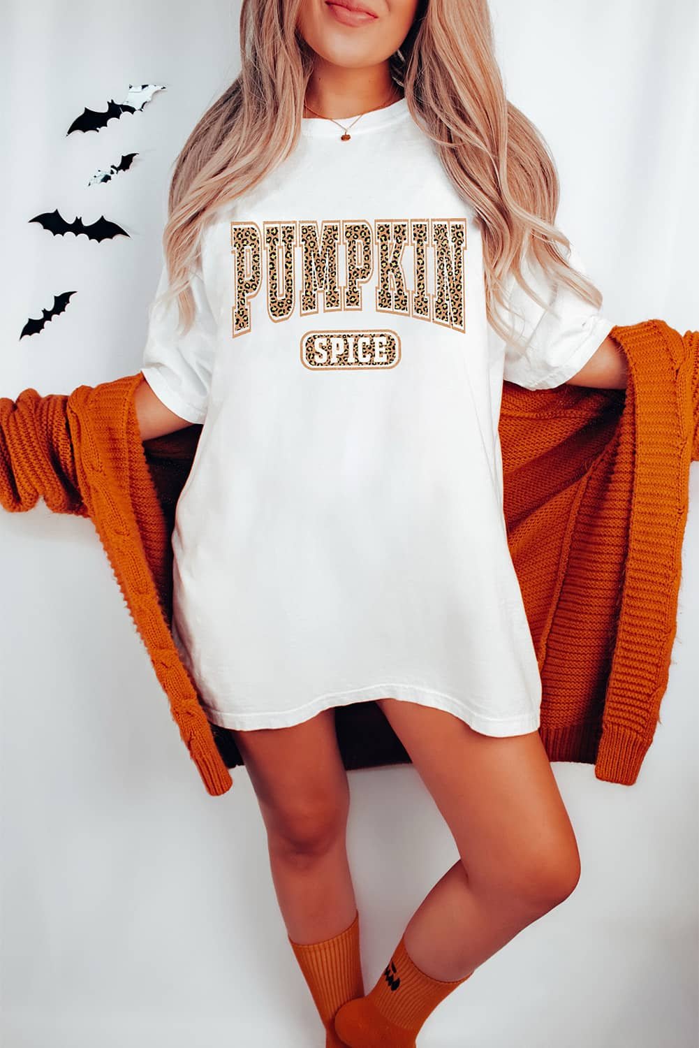 White Pumpkin Spice Leopard Graphic Tunic T Shirt